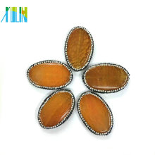 Yellow Agate Oval Shape Slice Pendant Crystal Paved Stone Connectors Pendant Jewelry Findings